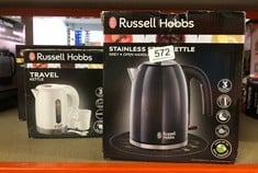 QUANTITY OF ITEMS TO INCLUDE RUSSELL HOBBS GREY STAINLESS STEEL 1.7L CORDLESS ELECTRIC KETTLE WITH BLACK HANDLE (FAST BOIL 3KW, REMOVABLE WASHABLE ANTI-SCALE FILTER, PULL TO OPEN HINGED LID, PERFECT