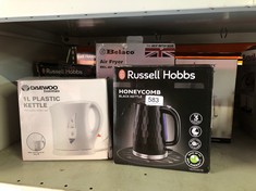 QUANTITY OF ITEMS TO INCLUDE RUSSELL HOBBS HONEYCOMB ELECTRIC 1.7L CORDLESS KETTLE (FAST BOIL 3KW, BLACK PREMIUM PLASTIC, MATT & HIGH GLOSS FINISH, REMOVABLE WASHABLE ANTI-SCALE FILTER, PUSH BUTTON L