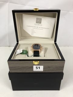 MEN'S RAYMOND GAUDIN WATCH – 316 STAINLESS STEEL CASE – JPN MOVEMENT – BLUE DIAL – RUBBER STRAP – 5 ATM WATER RESISTANT – WOODEN GIFT BOX