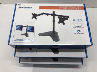 3 X MANHATTAN UNIVERSAL DUAL MONITOR STAND WITH DOUBLE-LINK SWING ARMS (SEALED)