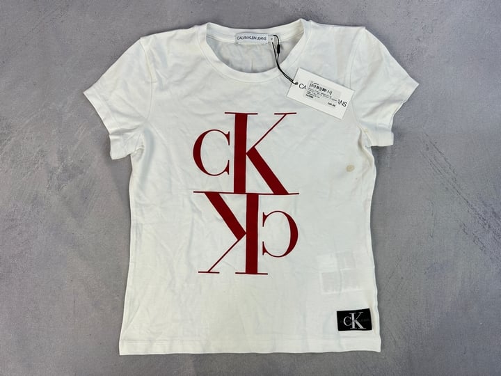 Calvin Klein Girls White Cotton Cropped Logo T-Shirt - Size 12 Years