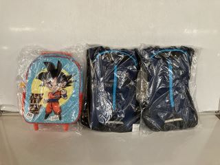 AN ASSORTMENT OF 3 BACKPACKS. DRAGON BALL BAG, TWO ULTIMATE PERFORMANCE