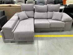 3 SEATER CHAISELOUNGE SOFA WITH 3 LIGHT GREY POUFFE (CRACKED ON ONE SIDE).