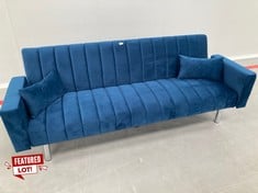 3 SEATER SOFA BED ONE LINED VELVET NAVY BLUE INCLUDES TWO CUSHIONS.