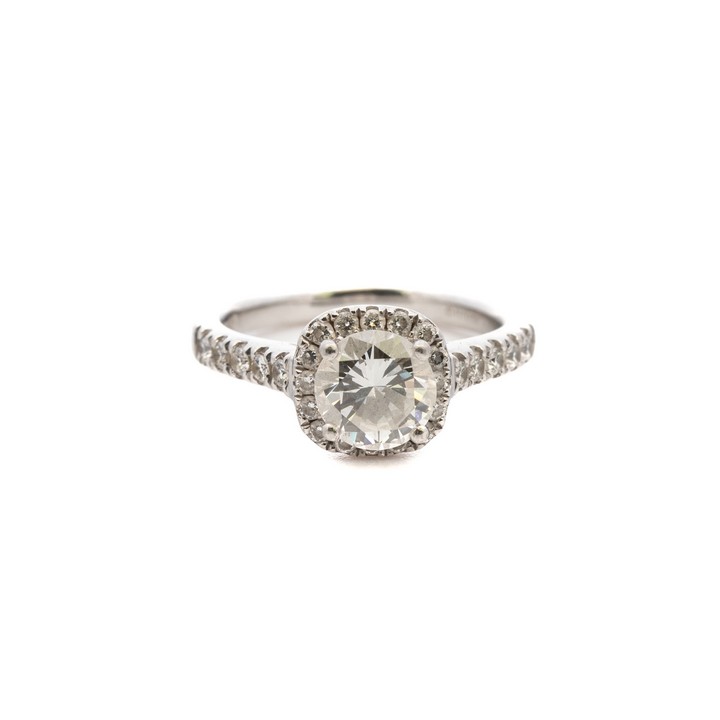 Platinum 950 1.26ct Diamond Round-cut with Halo and Shoulders Ring, Size I, 5.3g. Colour L, Clarity VS1.  Auction Guide: £3,000-£3,500 (VAT Only Payable on Buyers Premium)