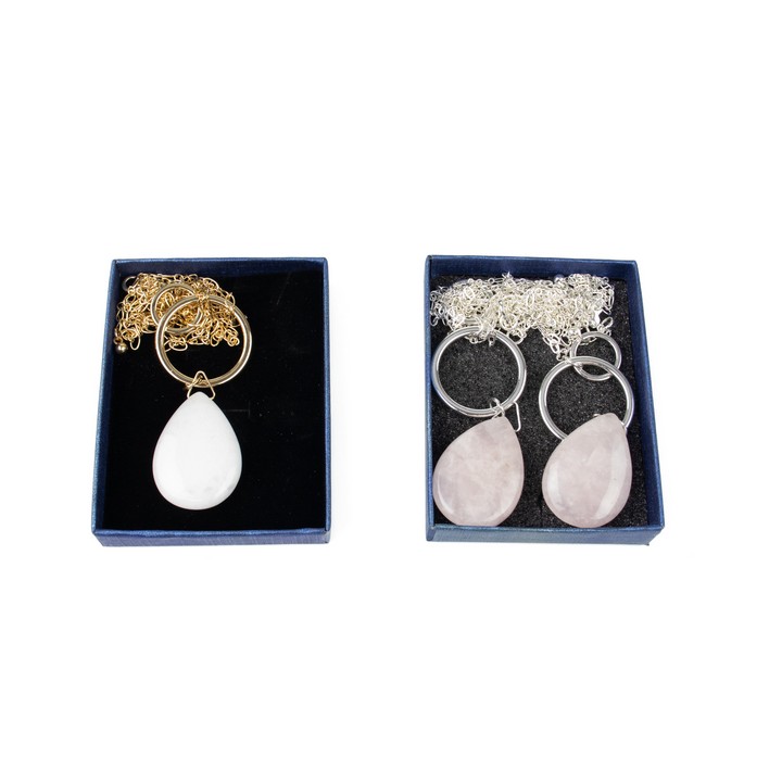 White and Yellow Metal Two Pink and One White Pear-cut Stone Pendant and Adjustable Chain, 88cm, total weight 61.8g. Two have Presentation Boxes. (VAT Only Payable on Buyers Premium)