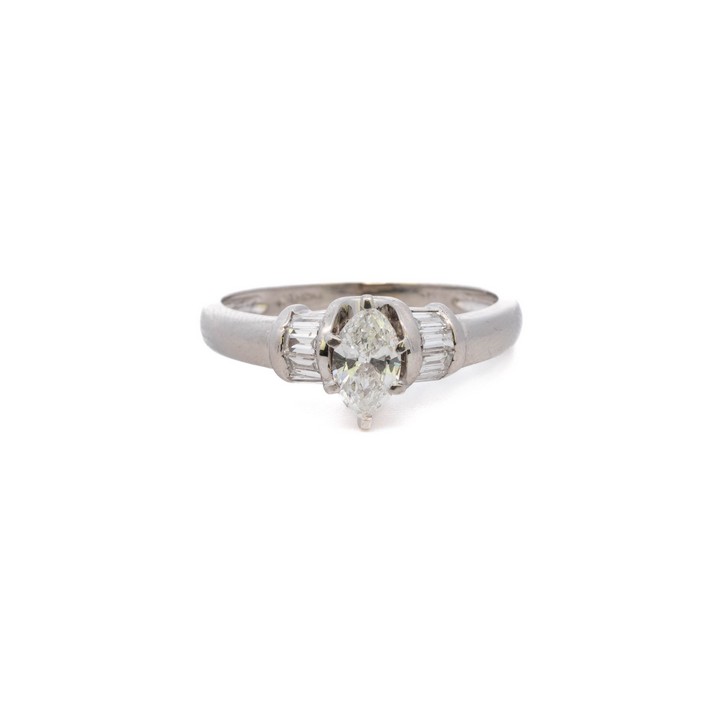 Platinum 950 0.40ct Diamond Marquise-cut and Baguette Shoulders Ring, Size K, 3.8g. Colour F, Clarity Si2.  Auction Guide: £400-£500 (VAT Only Payable on Buyers Premium)