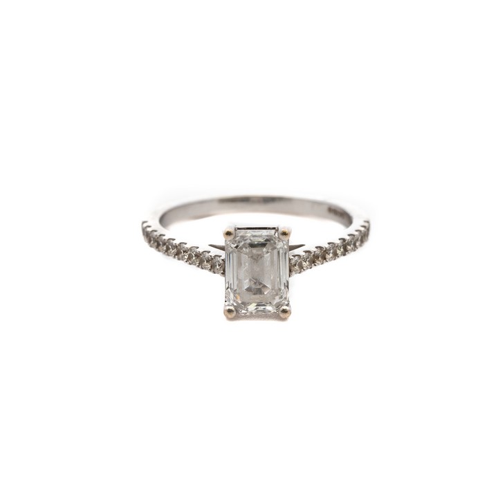 18ct White Gold 0.75ct Lab Grown Diamond Emerald-cut with Diamond Pavé Shoulders Ring, Size J, 2.7g. Colour H, Clarity VS1.  Auction Guide: £250-£350 (VAT Only Payable on Buyers Premium)