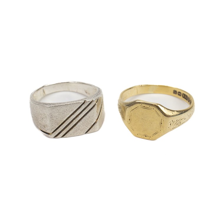 9ct Yellow Gold Octagonal Signet Ring, Size R½, 4g (Worn Pattern). Silver Diagonal Stripes Signet Ring, Size N½, 4g (VAT Only Payable on Buyers Premium)