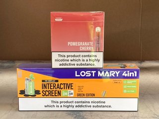 BOX OF 4 LOST MARY INTERACTIVE SCREEN REPLACEABLE PODS TO INCLUDE BOX OF 10 CRYSTAL 600 PUFF POMEGRANATE CHERRY DISPOSABLES (PLEASE NOTE: 18+YEARS ONLY. ID MAY BE REQUIRED): LOCATION - D0