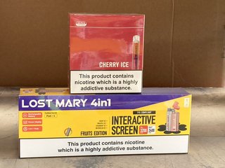 BOX OF 4 LOST MARY INTERACTIVE SCREEN REPLACEABLE PODS TO INCLUDE BOX OF 10 CRYSTAL 60O PUFF CHERRY ICE VAPES (PLEASE NOTE: 18+YEARS ONLY. ID MAY BE REQUIRED): LOCATION - D0