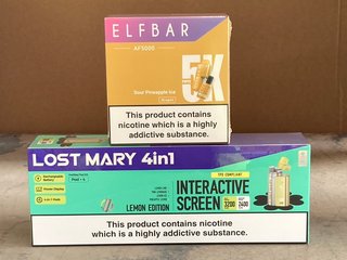 BOX OF 4 LOST MARY INTERACTIVE SCREEN REPLACEABLE PODS TO INCLUDE BOX OF 5 ELFBAR 5K SOUR PINEAPPLE ICE VAPES (PLEASE NOTE: 18+YEARS ONLY. ID MAY BE REQUIRED): LOCATION - D0