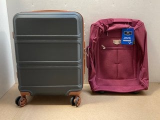 LUGG SINGLE TROLLEY SOFT CABIN BAG IN PURPLE TO INCLUDE 4 WHEELED GREY AND BROWN SMALL HARD CASE SUITCASE: LOCATION - A14