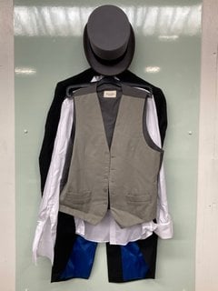 MOSS BROS MENS 3 PIECE SUIT WITH TOP HAT IN BLACK AND GREY SIZE 38 - RRP £479: LOCATION - FRONT BOOTH