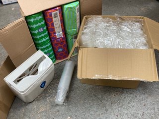 QTY OF HOUSEHOLD ITEMS TO INCLUDE BOX OF PLASTIC CUPS AND BOX OF KITCHEN TOWELS: LOCATION - B 12