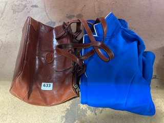 VERA PELLE LEATHER WOMENS HANDBAG IN BROWN TO INCLUDE HARRY'S HORSE EQUESTRIAN TOP IN BLUE SIZE S: LOCATION - B9