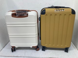 2 X SMALL WHEELED HARD SHELL LUGGAGE IN MUSTARD AND WHITE: LOCATION - B 5