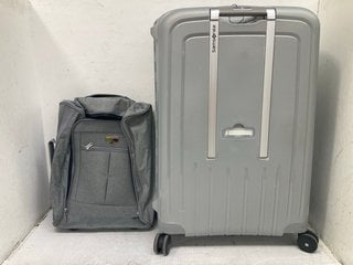 LUGG SMALL WHEELED SOFT SHELL SUITCASE IN GREY TO INCLUDE SAMSONITE LARGE WHEELED HARD SHELL SUITCASE IN GREY: LOCATION - B 5