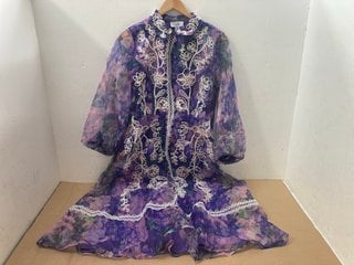 COAST PRINTED SHIRT DRESS WITH EMBROIDERY AND LACE TRIMS IN PURPLE - UK SIZE: 12 - RRP £143.10: LOCATION - A -1