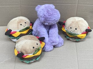 QTY OF PLUSH TOYS TO INCLUDE 3 X JELLYCAT BURGER SOFT TEDDY: LOCATION - B0