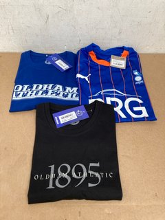 QTY OF OLDHAM ATHLETIC MERCHANDISE TO INCLUDE OLDHAM HOME KIT IN BLUE AND ORANGE SIZE S: LOCATION - C1