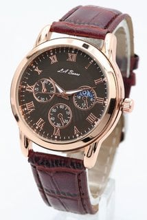 MEN’S LA BANUS QUARTZ CHRONOGRAPH WATCH. FEATURING A BLACK DIAL WITH SUB DIALS, ROSE GOLD COLOURED BEZEL AND CASE, BURGUNDY COLOURED STRAP: LOCATION - D 14