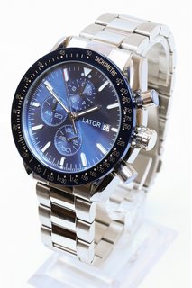 MEN’S LATOR CALIBRE L2842 CHRONOGRAPH WATCH. FEATURING A BLUE DIAL AND BEZEL, SILVER COLOURED CASE. DATE. STAINLESS STEEL BRACELET: LOCATION - D 14