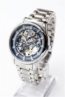 MEN'S LATOR CALIBRE AUTOMATIC WATCH. FEATURING A BLUE SKELETON DIAL, SILVER COLOURED BEZEL AND CASE. GLASS EXHIBITION BACK. W/R 3ATM. STAINLESS STEEL BRACELET: LOCATION - D 14