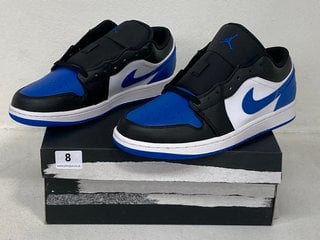 NIKE AIR JORDAN LOW 1 'ROYAL TOE' IN BLACK, BLUE AND WHITE UK SIZE 9 - RRP £119.95: LOCATION - FRONT BOOTH