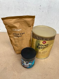 3 X FOOD/SUPPLEMENTS TO INCLUDE DOUWE EGBERTS PURE GOLD MEDIUM ROAST COFFEE - BBE :11/04/26: LOCATION - C5