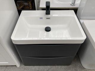 (COLLECTION ONLY) WALL HUNG 2 DRAWER SINK UNIT IN ANTHRACITE WITH A 600 X 450MM 1TH POLYMARBLE BASIN COMPLETE WITH A BLACK MONO BASIN MIXER TAP & SPRUNG WASTE - RRP £735: LOCATION - C6