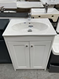 (COLLECTION ONLY) FLOOR STANDING 2 DOOR SINK UNIT IN WHITE WITH A 605 X 460MM 1TH CERAMIC BASIN COMPLETE WITH A MONO BASIN MIXER TAP & CHROME SPRUNG WASTE - RRP £725: LOCATION - C6