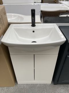 (COLLECTION ONLY) FLOOR STANDING 2 DOOR SEMI RECESSED SINK UNIT IN WHITE WITH A 550 X 430MM 1TH CERAMIC BASIN COMPLETE WITH A BLACK MONO BASIN MIXER TAP & SPRUNG WASTE - RRP £705: LOCATION - C6