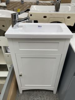 (COLLECTION ONLY) FLOOR STANDING 1 DOOR CLOSET SINK UNIT IN WHITE WITH A 460 X 230MM STH POLYMARBLE BASIN COMPLETE WITH A LEVER ACTION MONO BASIN MIXER TAP & CHROME SPRUNG WASTE - RRP £625: LOCATION