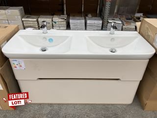 (COLLECTION ONLY) VITRA WALL HUNG 2 DRAWER LED ILLUMINATED TWIN SINK UNIT IN CREAM WITH A 1305 X 490MM TWIN CERAMIC BASIN TOP WITH A PAIR OF MONO BASIN MIXER TAPS & CHROME SPRUNG WASTES - RRP £2740: