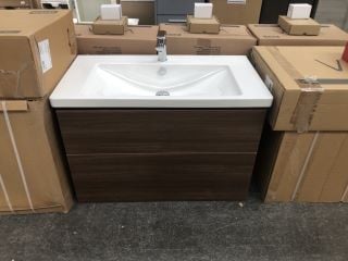 VITRA WALL HUNG 2 DRAWER SINK UNIT IN MEDIUM OAK WITH A 930 X 495MM 1TH CERAMIC BASIN COMPLETE WITH A WATERFALL SPOUT MONO BASIN MIXER TAP & CHROME SPRUNG WASTE - RRP £1899: LOCATION - D6