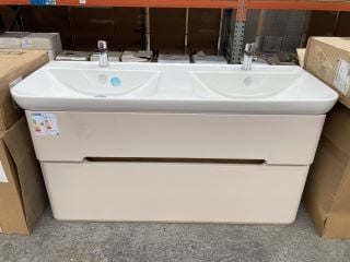 VITRA WALL HUNG 2 DRAWER LED ILLUMINATED TWIN SINK UNIT IN CREAM WITH A 1305 X 490MM TWIN CERAMIC BASIN TOP WITH A PAIR OF MONO BASIN MIXER TAPS & CHROME SPRUNG WASTES - RRP £2740: LOCATION - C2