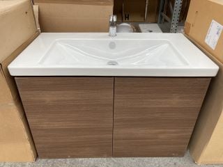 VITRA WALL HUNG 2 DOOR SINK IN MEDIUM OAK WITH A 920 X 495MM 1TH CERAMIC BASIN COMPLETE WITH A MONO BASIN MIXER TAP & CHROME SPRUNG WASTE - RRP £1298: LOCATION - C2