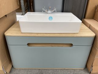 (COLLECTION ONLY) VITRA WALL HUNG 1 DRAWER COUNTERTOP SINK UNIT IN SEA GRASS & OAK 900 X 450MM WITH A 1TH CERAMIC BASIN COMPETE WITH A MODERN CROSSHEAD MONO BASIN MIXER TAP & CHROME SPRUNG WASTE - RR