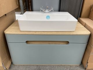 VITRA WALL HUNG 1 DRAWER COUNTERTOP SINK UNIT IN SEA GRASS & OAK 900 X 450MM WITH A 1TH CERAMIC BASIN COMPETE WITH A MODERN CROSSHEAD MONO BASIN MIXER TAP & CHROME SPRUNG WASTE - RRP £1089: LOCATION