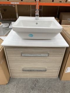 (COLLECTION ONLY) VITRA WALL HUNG 2 DRAWER COUNTERTOP SINK UNIT IN GREY ELM & WHITE 710 X 440MM WITH A 1TH CERAMIC BASIN COMPLETE WITH A MONO BASIN MIXER TAP & CHROME SPRUNG WASTE - RRP £895: LOCATIO