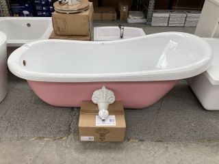 1710 X 720MM TRADITIONAL ROLL TOPPED SINGLE ENDED SLIPPER STYLE FREESTANDING BATH IN BABY PINK WITH A SET OF WHITE CLAW & BALL FEET - RRP £1309: LOCATION - C1