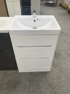 (COLLECTION ONLY) FLOOR STANDING 2 DRAWER SINK UNIT IN WHITE WITH A 600 X 450MM 1TH POLYMARBLE BASIN COMPLETE WITH A MONO BASIN MIXER TAP & CHROME SPRUNG WASTE - RRP £740: LOCATION - D2