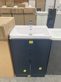 FLOOR STANDING 2 DOOR SINK UNIT IN MAT INDIGO WITH A 600 X 450MM 1TH POLYMARBLE BASIN COMPLETE WITH A WATERFALL SPOUT MONO BASIN MIXER TAP & CHROME SPRUNG WASTE - RRP £725: LOCATION - D2