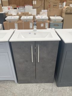 (COLLECTION ONLY) FLOOR STANDING 2 DOOR SINK UNIT IN GREY STONE WITH A 610 X 400MM 1TH CERAMIC BASIN COMPLETE WITH A MONO BASIN MIXER TAP & CHROME SPRUNG WASTE - RRP £720: LOCATION - D3