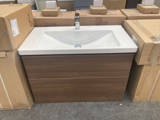 (COLLECTION ONLY) VITRA WALL HUNG 2 DRAWER SINK UNIT IN MEDIUM OAK WITH A 930 X 495MM 1TH CERAMIC BASIN COMPLETE WITH A MONO BASIN MIXER TAP & CHROME SPRUNG WASTE - RRP £1899: LOCATION - D3