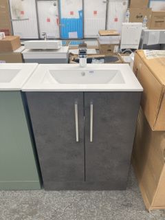 (COLLECTION ONLY) FLOOR STANDING 2 DOOR SINK UNIT IN GREY STONE WITH A 610 X 400MM 1TH CERAMIC BASIN COMPLETE WITH A WATERFALL SPOUT MONO BASIN MIXER TAP & CHROME SPRUNG WASTE - RRP £720: LOCATION -