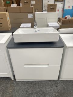 (COLLECTION ONLY) FLOOR STANDING 2 DRAWER COUNTERTOP SINK UNIT IN WHITE & GLOSS GREY 805 X 450MM WITH A 1TH CERAMIC VESSEL BASIN & MONO BASIN MIXER TAP & CHROME SPRUNG WASTE - RRP £755: LOCATION - D4