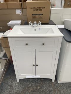 (COLLECTION ONLY) FLOOR STANDING 2 DOOR SINK UNIT IN WHITE WITH A 610 X 400MM 1TH CERAMIC BASIN COMPLETE WITH A TRADITIONAL CROSSHEAD MONO BASIN MIXER TAP & CHROME SPRUNG WASTE - RRP £725: LOCATION -