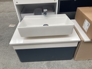 (COLLECTION ONLY) WALL HUNG 1 DRAWER COUNTERTOP SINK UNIT IN MIDNIGHT GREY & WHITE 800 X 460MM WITH A 1TH CERAMIC BASIN COMPLETE WITH A WATERFALL SPOUT MONO BASIN MIXER TAP & CHROME SPRUNG WASTE - RR